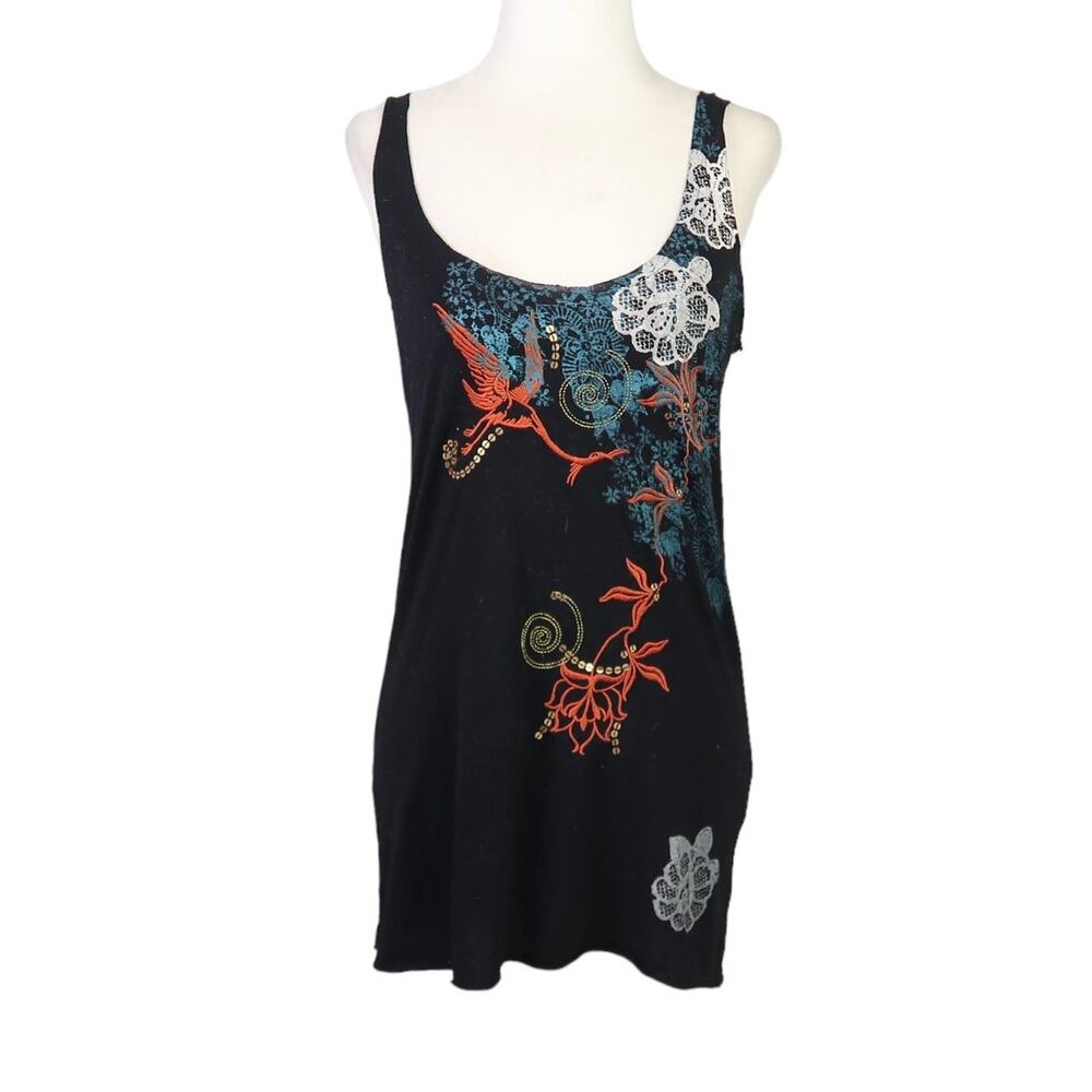 Vintage Y2K Damsel black floral and bird graphic tunic tank top S